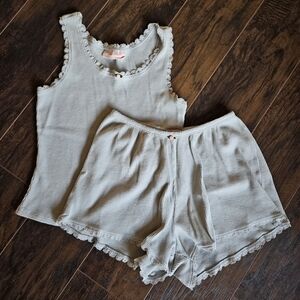 Papinelle Waffle Knit Lounge Sleep Set Lace Trim Tank & Shorts Cute PJs